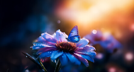 Sticker - dreamy blue butterfly rests on a vibrant blue flower with dewdrops. bokeh background and warm light 