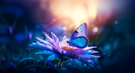 Canvas Print - a blue butterfly with detailed wings rests on a blooming flower with dew drops, against a dreamy, co