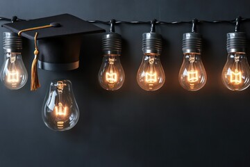 bright glowing light bulb wearing a graduation cap, standing out in a row of dim bulbs, chalkboard b