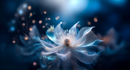 Wall Mural - a luminous flower with soft petals gently glows, standing out against a dark blue backdrop. sparklin