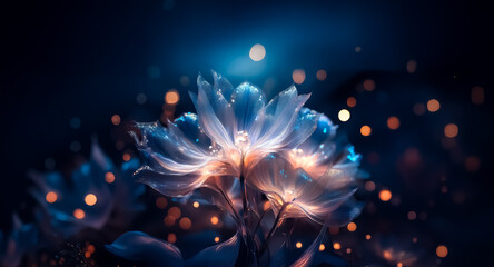 Wall Mural - ethereal glowing flowers bloom in the darkness, illuminated by soft light and bokeh circles. blue an