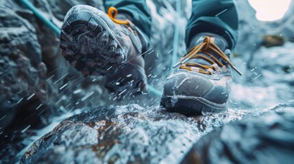 Poster - A hiker navigates through a stream, stepping on a wet rock while wearing sturdy footwear designed for rugged trails. Water droplets splash around the boot during this outdoor trek.