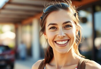 Wall Mural - Portrait of a female feeling excited in natural light