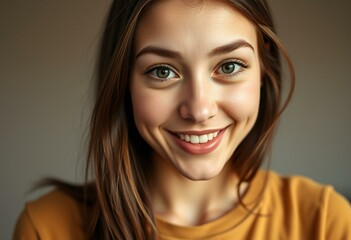 Wall Mural - Photorealistic portrait of a young woman feeling excited