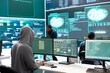 © DC Studio - Governmental cyber defense group using advanced technology to steal and protect information, cyber operations in high tech monitoring room. Working on data protection and threat detection.