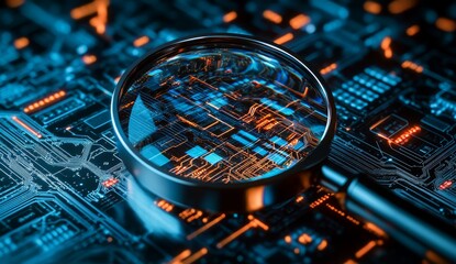 Aufkleber - Magnifying glass on circuit board, tech inspection