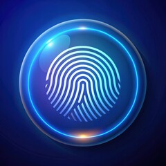 Poster - Security in a Bubble: A luminous fingerprint encased in a transparent sphere, set against a rich blue backdrop, evoking themes of protection, identity, and advanced technology.