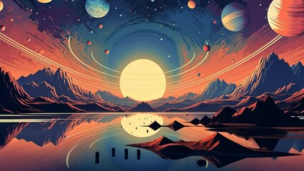 Poster - Alien planet landscape with mountains and moon over horizon in retro style
