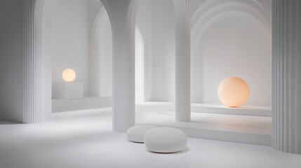 Poster - minimalist interior featuring soft glowing orbs and smooth white furniture in a serene space