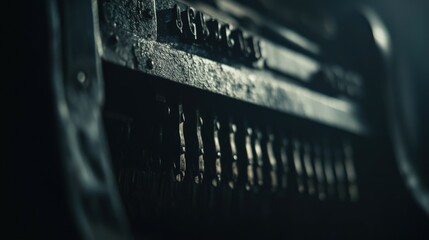 Poster - close-up of an antique mechanical device showcasing intricate details in low light