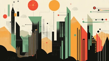 Poster - Abstract cityscape illustration featuring geometric buildings, mountains, and vibrant colors