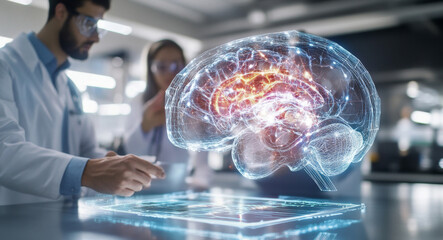 Aufkleber - Several interns are engaged in an educational activity focused on brain imaging technology. They analyze digital brain models while discussing their implications for future medical practices.