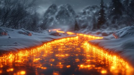 Wall Mural - glowing river, snowy mountains, winter night, fantasy landscape, game design