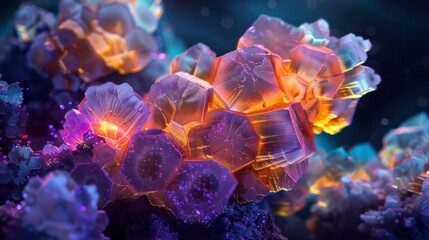 Aufkleber - Intricate crystals in vivid colors set against a dark background, showcasing complex shapes and stunning luminescence that creates a mesmerizing effect.