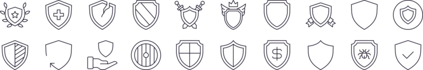 Wall Mural - shield set of thin icons. editable stroke. perfect for web sites, books, cards, apps