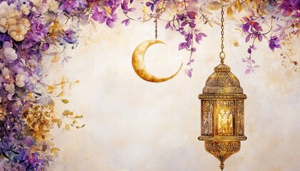 Aufkleber - Ornate Gold Lantern and Crescent Moon with Purple Watercolor Flowers