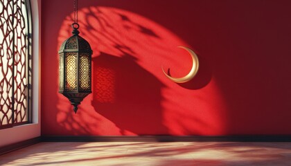Aufkleber - Ornate Lantern and Crescent Moon Shadow on Red Wall