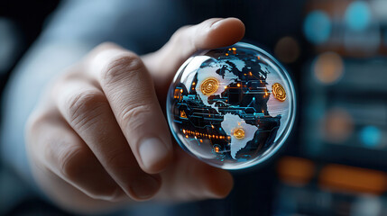 Leinwandbilder - hand holds digital globe with holographic data overlays, symbolizing global connectivity and technological advancement. image conveys futuristic and innovative atmosphere