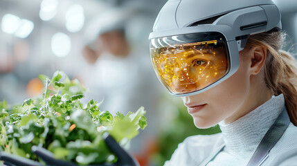 Fototapete - scientist wearing futuristic augmented reality glasses examines plant in high tech laboratory, showcasing future of food science and innovation