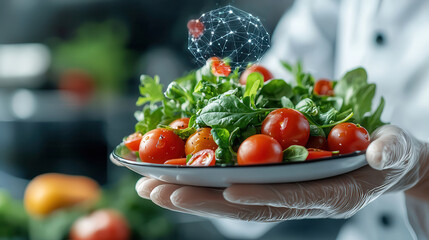 Poster - chef holds plate of fresh salad with tomatoes and greens, enhanced by digital hologram
