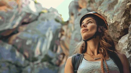Poster - A woman wearing a helmet and backpack gazes upward among towering rock formations, showcasing her spirit of adventure and determination in a natural setting.