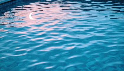Poster - Serene Nighttime Pool Reflection: Crescent Moon Over Blue Water