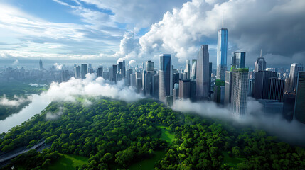 Poster - futuristic cityscape with towering skyscrapers surrounded by lush greenery and misty clouds, creating harmonious blend of nature and urban life
