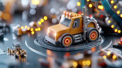 Poster - miniature futuristic truck with glowing lights is displayed on high tech platform, surrounded by intricate machinery and vibrant circuits, showcasing advanced technology