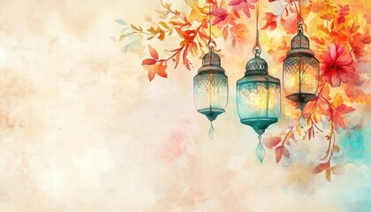 Poster - Watercolor Painting of Autumn Leaves and Hanging Lanterns