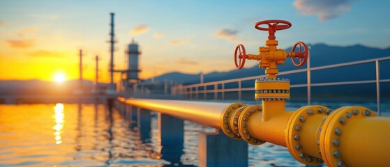 Sustainable water management concept. Vibrant sunset over a yellow pipeline valve near water, highlighting industrial infrastructure.