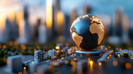 Aufkleber - glowing globe representing global connectivity stands amidst futuristic cityscape, symbolizing integration of technology and urban life