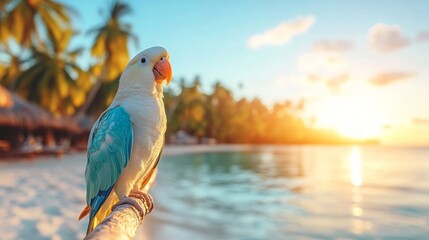 Poster - A vibrant macaw rests on a branch near a tropical beach during sunset. The warm sun reflects off the calm water as palm trees sway gently, creating a serene atmosphere for vacationing travelers.
