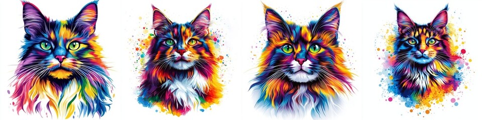  Four Colorful Cats Portrait Set Artistic Illustration Vivid Detail Feline Friend Abstract Design