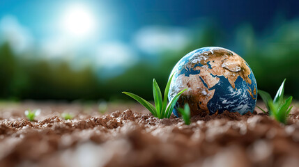 Poster - hyper realistic image of Earth partially submerged in soil with green plants growing around it, symbolizing environmental growth and sustainability