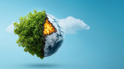 Poster - split Earth floats in sky, one side lush and thriving with greenery, other side fiery and barren, symbolizing environmental contrast