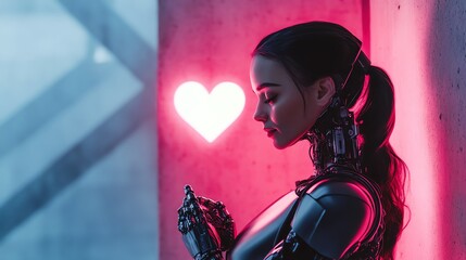 Poster - Futuristic Humanoid Robot in a Heart-Themed Setting Expressing Emotion in a Modern Environment