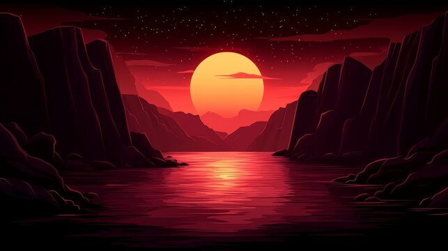 Crimson pixelated sunset reflection landscape art with water and mountains in retro game style nostalgic graphic artwork scene