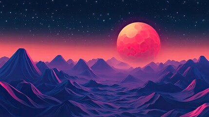 futuristic alien landscape with mountains, stars, and a large red moon in the sky