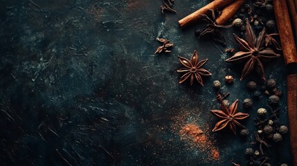 Aromatic star anise and cinnamon with pepper on dark rustic background