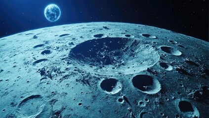 Wall Mural - Moon crater landscape with Earth, cosmic view