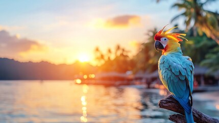 Poster - A colorful macaw stands on a branch overlooking a serene tropical beach as the sun sets. Palm trees frame the scene, evoking a perfect vacation atmosphere full of relaxation and nature's beauty.