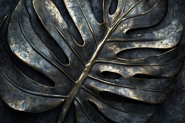 Aufkleber - A dark, metallic monstera leaf with gold accents, showcasing intricate details and texture.