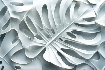 Aufkleber - Overlapping white Monstera deliciosa leaves create a minimalist, abstract botanical background.