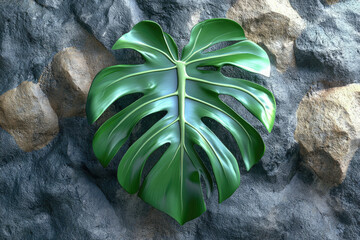 Aufkleber - A vibrant green Monstera deliciosa leaf rests on a textured stone background, creating a striking contrast of nature's beauty.