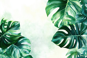 Poster - Lush watercolor painting of monstera deliciosa leaves on a soft green background.
