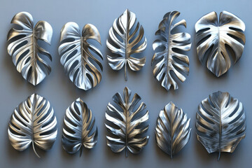 Poster - Ten metallic monstera leaves arranged aesthetically on a blue background.