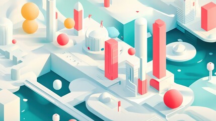 Poster - colorful geometric cityscape with abstract buildings and floating shapes in a vibrant environment