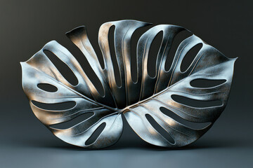 Poster - A metallic Monstera deliciosa leaf, sleek and modern, with a textured surface.