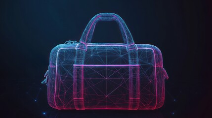 Poster - Abstract polygonal duffel bag, vibrant pink and blue neon glow.