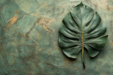 Poster - A single monstera deliciosa leaf rests on a textured, green and gold background.